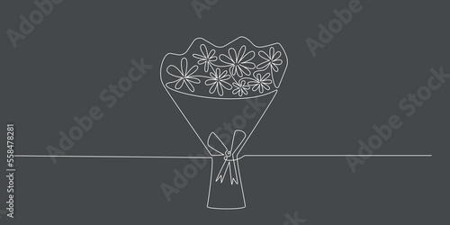 Decoration continuous line hand drawing flowers bouquet for wedding photo book, invitations. Vector stock illustration minimalism design isolated on black background. Editable stroke single line. 