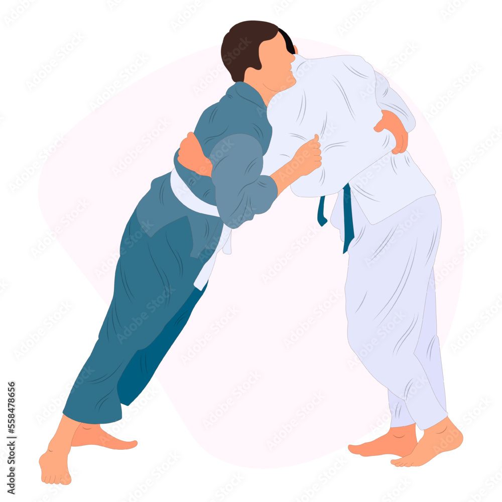 Athlete judoist, judoka, fighter in a duel, fight, match. Judo sport, martial art. Flat style. Athlete judoist, judoka, fighter in a duel, fight, match. Judo sport, martial art. Flat style.