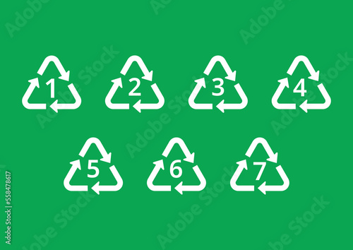 Set of recycling symbols on green background.   