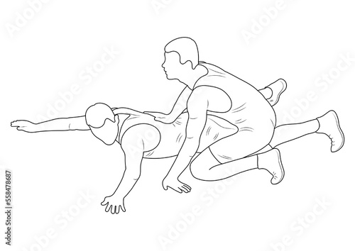 Silhouette outline athletes wrestlers in wrestling, duel, fight. Sketch line drawing greco roman, freestyle, classical wrestling.