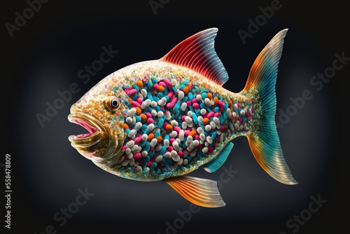 Front view of real fish with open mouth with lot of candy, created with Generative AI technology