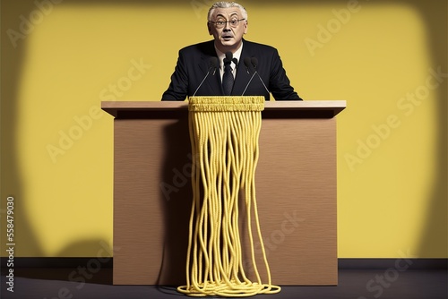 Politician made of noodles on the podium, concept of propaganda and lying politicians, created with Generative AI technology