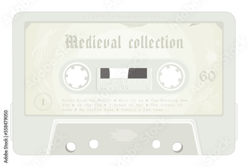 Vintage analog tape cassette stylization. Realistic vector illustration on isolated white background. Medieval style label. 