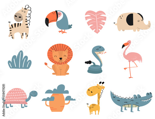 Cute set of hand drawn doodle safari animals.