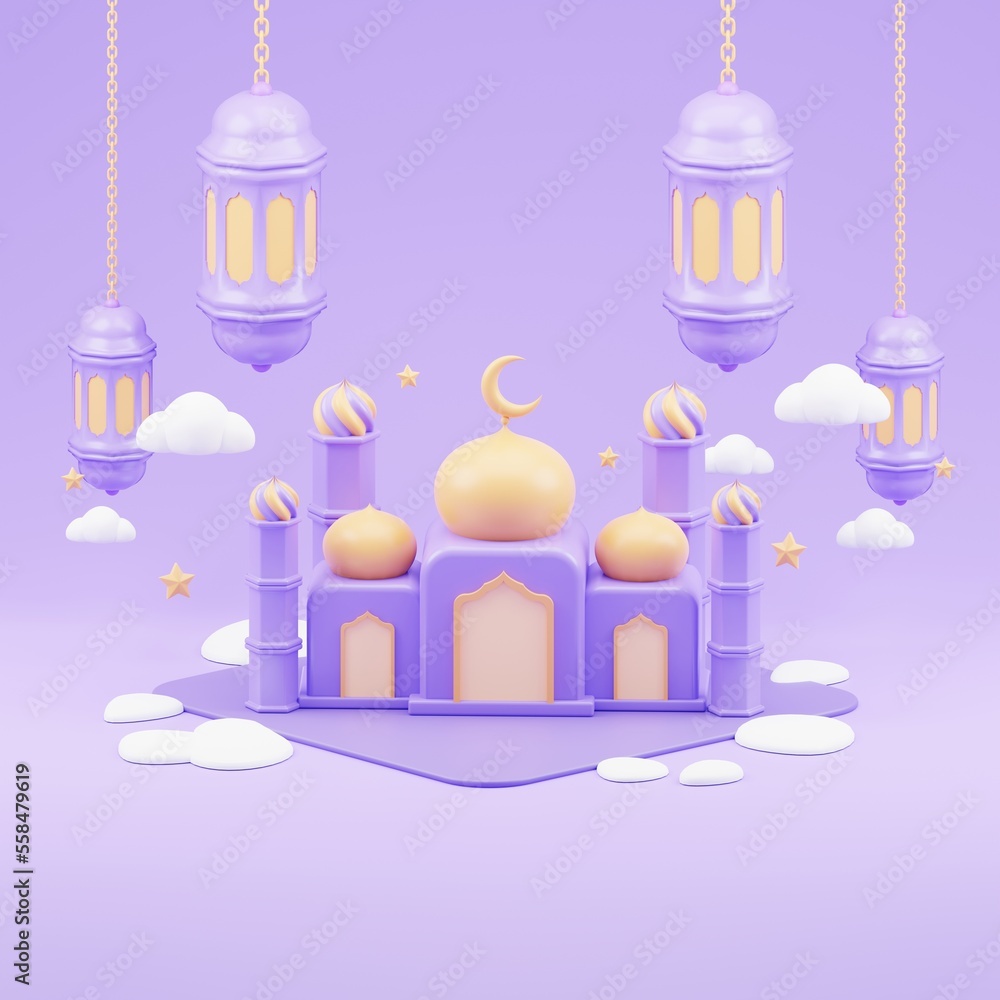 islamic ramadan greeting background with cute 3d mosque and islamic crescent with purple color