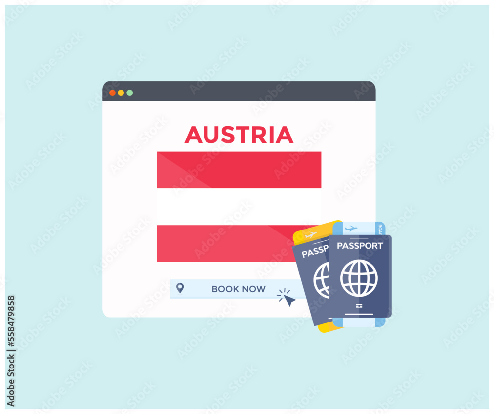 Online booking service on web browser site, trip, travel planning country Austria national flag logo design. Online reservation of plane tickets. Concept for website vector design and illustration.
