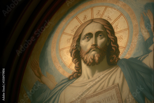 Christ the Savior's fresco on the cathedral's wall. Generative AI