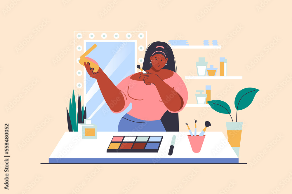 Makeup routine concept with people scene in flat design. Woman makes face visage using powder, eyeshadow and brushes and standing near mirror. Illustration with character situation for web Makeup routine concept with people scene in flat design. Woman makes face visage using powder, eyeshadow and brushes and standing near mirror. Illustration with character situation for web