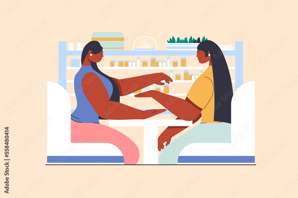 Manicure salon concept with people scene in flat design. Woman receives nail polish coloring and hand skin care. Manicurist doing beauty procedure. Illustration with character situation for web