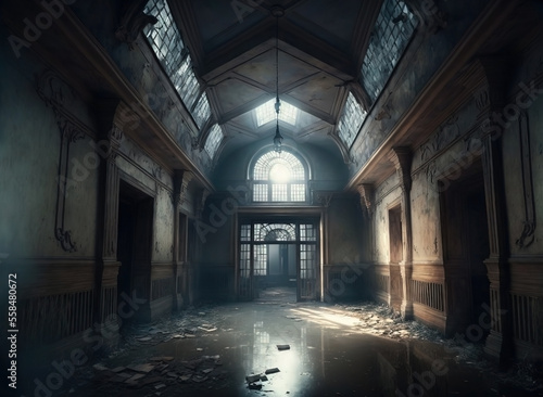 Haunted horror Edwardian mansion interior.  Wet puddles of water and mud on the floor. Water reflections. Misty and foggy.