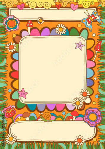 Psychedelic Flowers Vintage Decorative Frame. 1960s Retro Style Summer Background