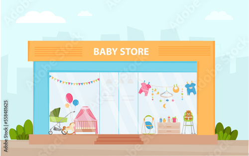 Baby store facade. Modern kids shop vector illustration. Retail trail. Shop window with different products for newborn, kids, children: stroller, high chair, baby bouncer, toy, clothers, baby crib.