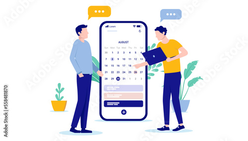 Calendar planning - Two men in casual clothes working and making plans for projects and tasks in office. Flat design vector illustration with white background