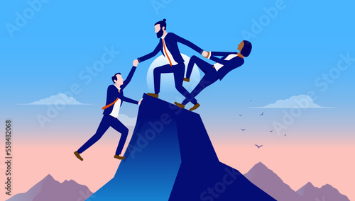 Business teamwork - Group of businesspeople giving a helping hand and working as a team to achieve success and reach goal. Flat design vector illustration © Knut
