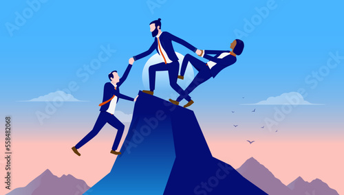 Business teamwork - Group of businesspeople giving a helping hand and working as a team to achieve success and reach goal. Flat design vector illustration