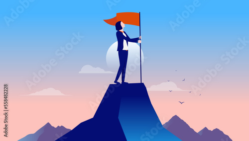 Businesswoman on mountaintop with flag -  Woman standing on top of mountain holding red flag and being proud of achievement and success. Flat design vector illustration with blue background