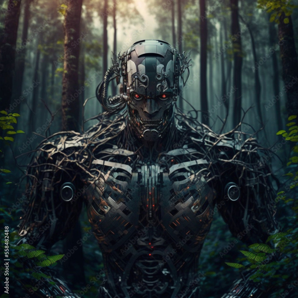 Fototapeta premium Angry cyborg in the forest. Generative AI.
