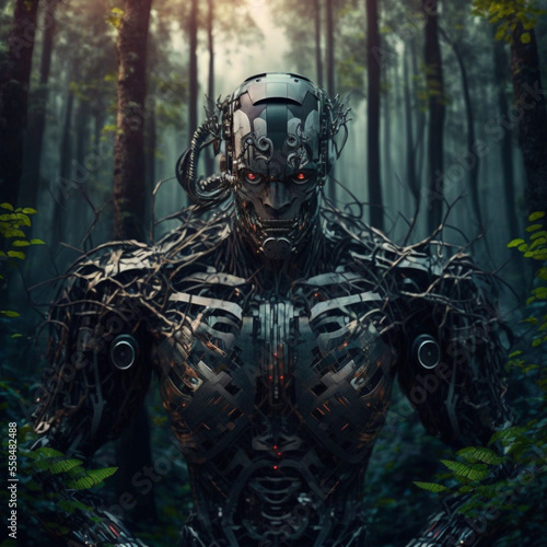 Angry cyborg in the forest. Generative AI.