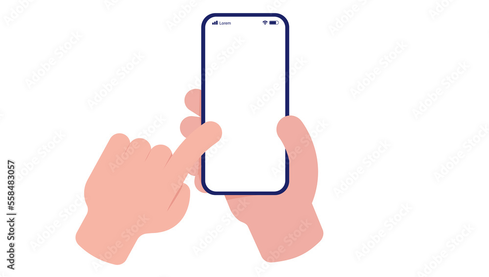 Vector phone in hand - Mockup of smartphone with blank screen and hand using touch screen. Vector illustration in cartoon style with white background Vector phone in hand - Mockup of smartphone with blank screen and hand using touch screen. Vector illustration in cartoon style with white background