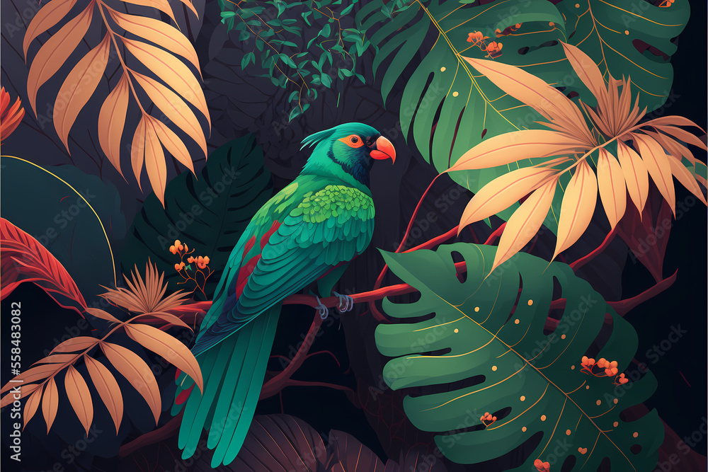 tropical leaves with bird of paradise, jungle, 2d flat digital ...