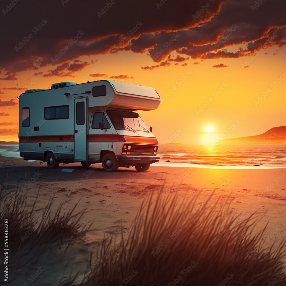 Motorhome on the beach during sunset. Generative AI. Motorhome on the beach during sunset. Generative AI.
