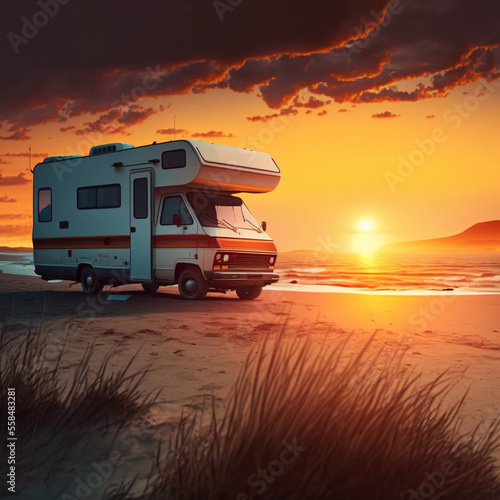 Motorhome on the beach during sunset. Generative AI.