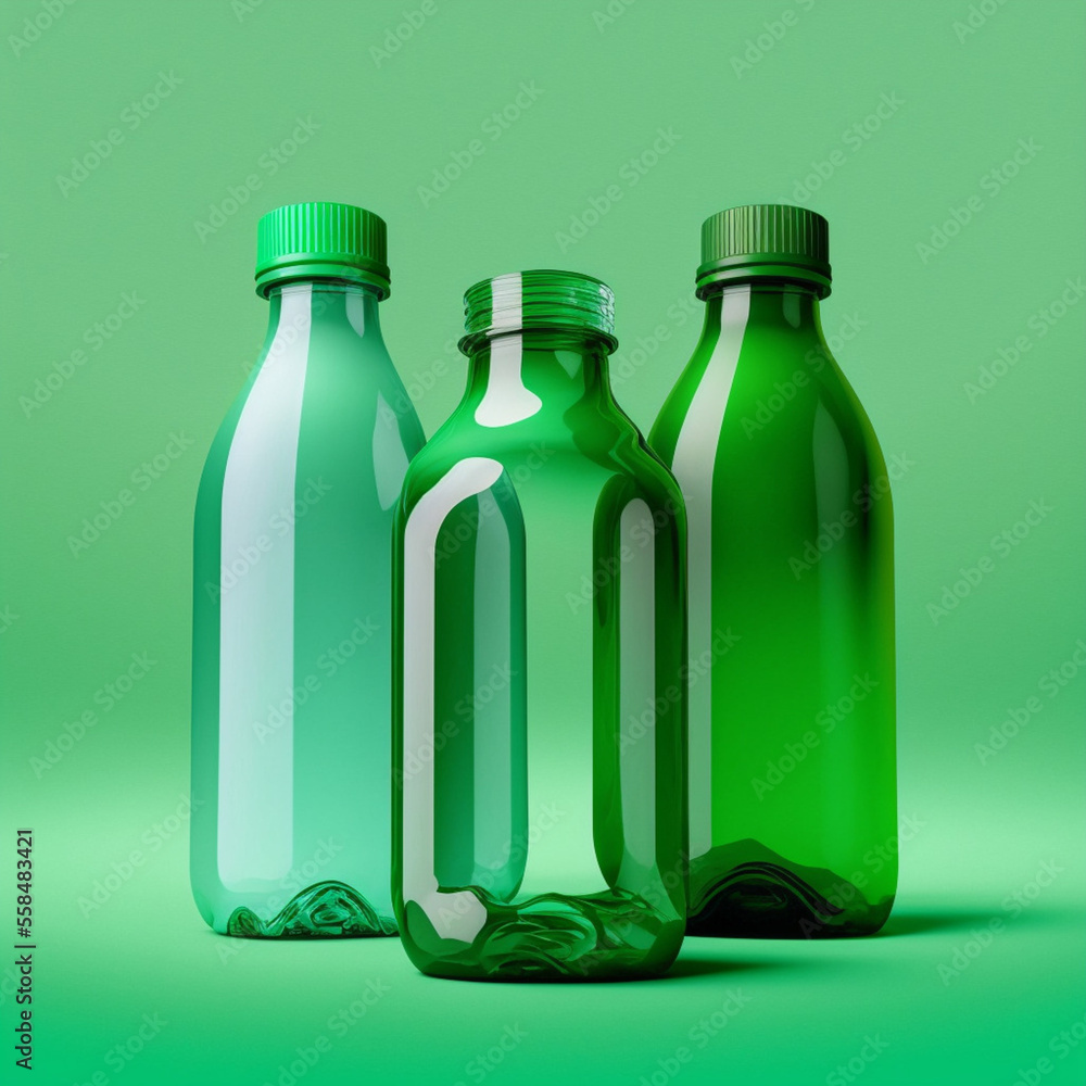 Plastic bottles on a green background. Generative AI. Plastic bottles on a green background. Generative AI.
