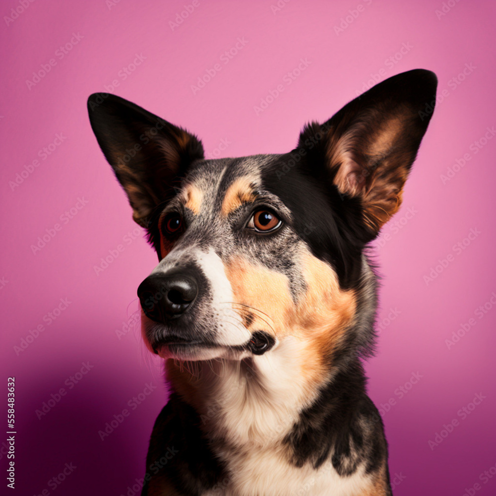 Portrait of a dog on a pink background. Generative AI.