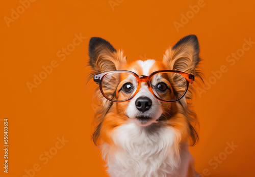 Dog with glasses on an orange background. Generative AI.