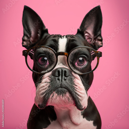 Dog with glasses on a pink background. Generative AI.