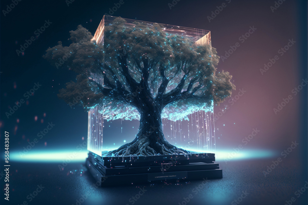 Digital growth and sustainability concept with tree and computer ...