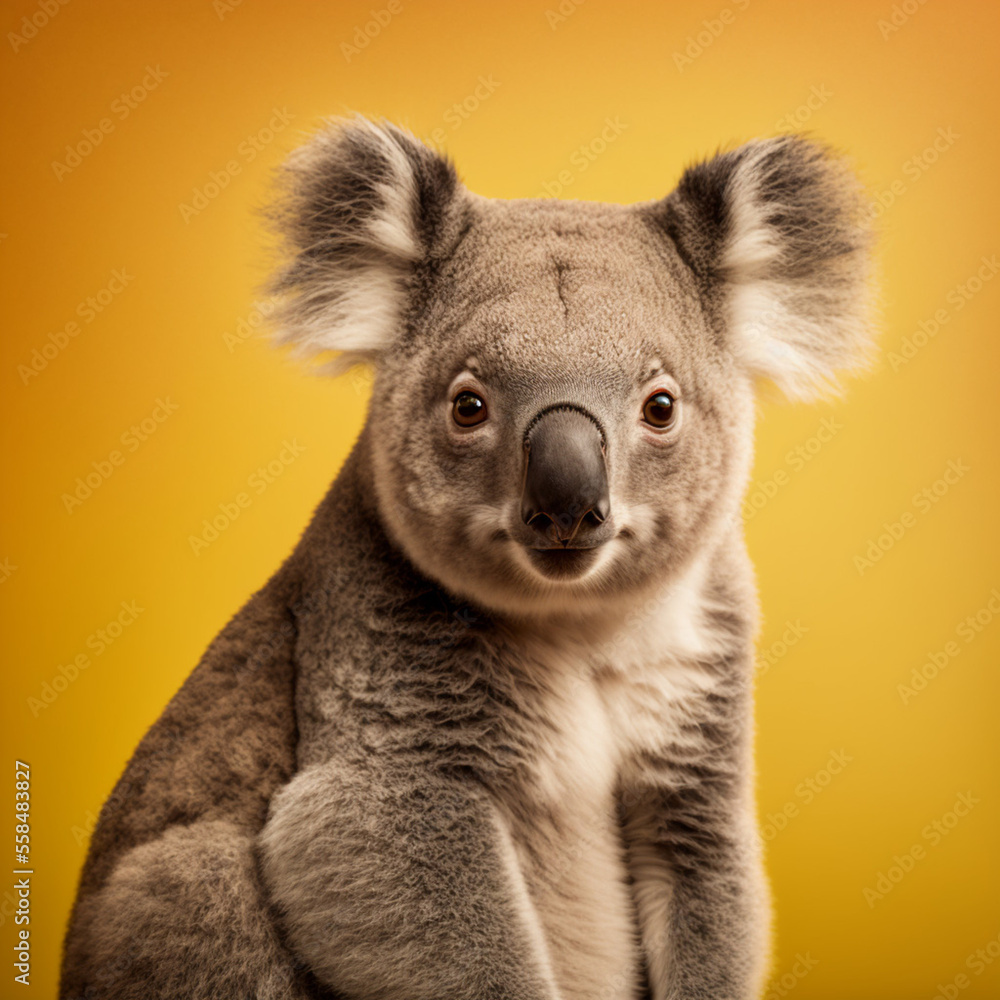 Portrait of a koala on a yellow background. Generative AI. Portrait of a koala on a yellow background. Generative AI.