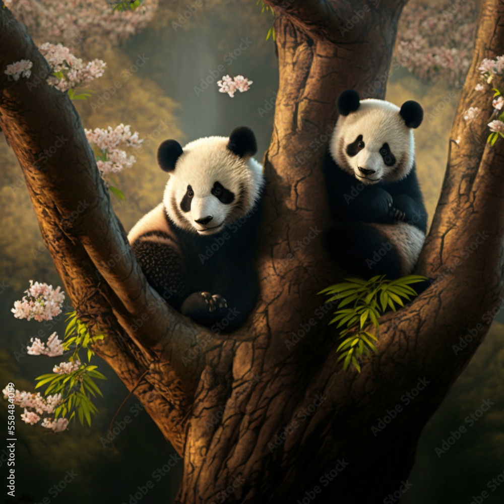 Two pandas up a tree. Generative AI.
