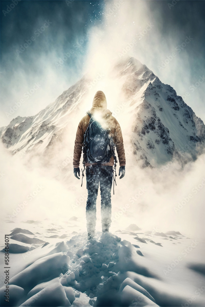 Fototapeta premium high altitude climber in front of alpine mountain with glacier. Adventure achievement and success concept. designed using generative ai. 