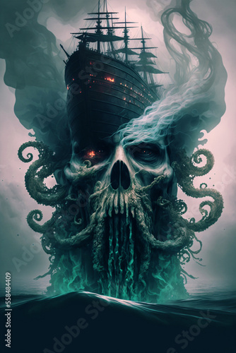 Closeup portait of a ghost pirate with kraken tentacles. Designed using generative ai.  photo
