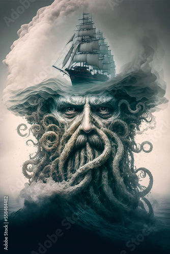 Ghost ship with ghost pirate with tentacles. Kraken monster. Designed using generative ai.  photo