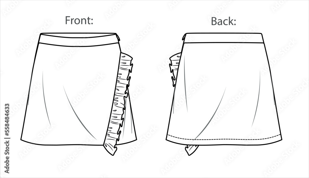 Vector mini skirt fashion CAD, wrapped woman skirt with frill detail sketch, template, flat
