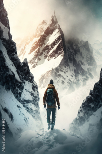 high altitude climber in front of alpine mountain with glacier. Adventure achievement and success concept. designed using generative ai. 