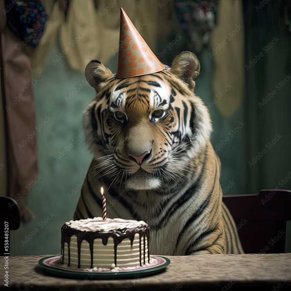 A tiger wearing birthday hat in birthday party, funny birthday card