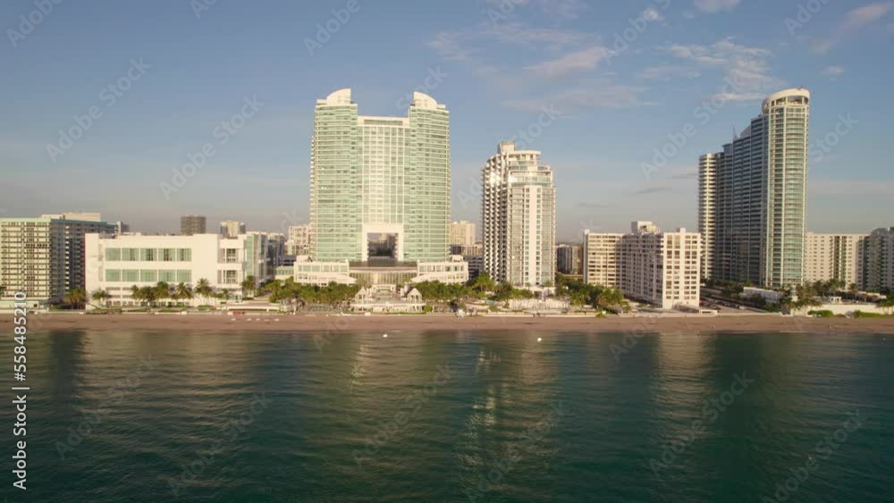 Flying Towards Miami Hallandale Beach Resorts with Sea Reflection Flying Towards Miami Hallandale Beach Resorts with Sea Reflection