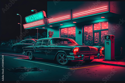 car parked in front of a building, cyberpunk, retrofuturism, retrowave, synthwave