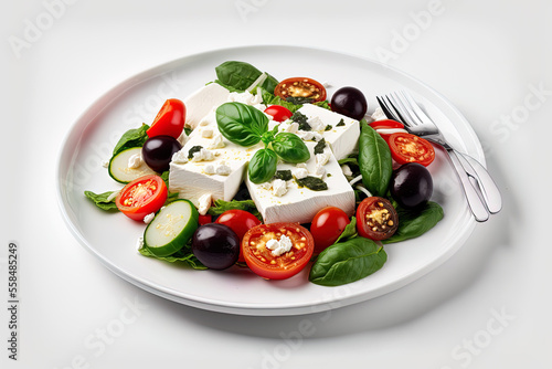 Fresh Greek salad on a white platter on a white backdrop. close up, side view. Generative AI
