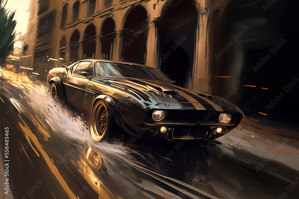Fototapeta premium quick stroke oil painting of a car at high speed down a street, cinematic action chase scene