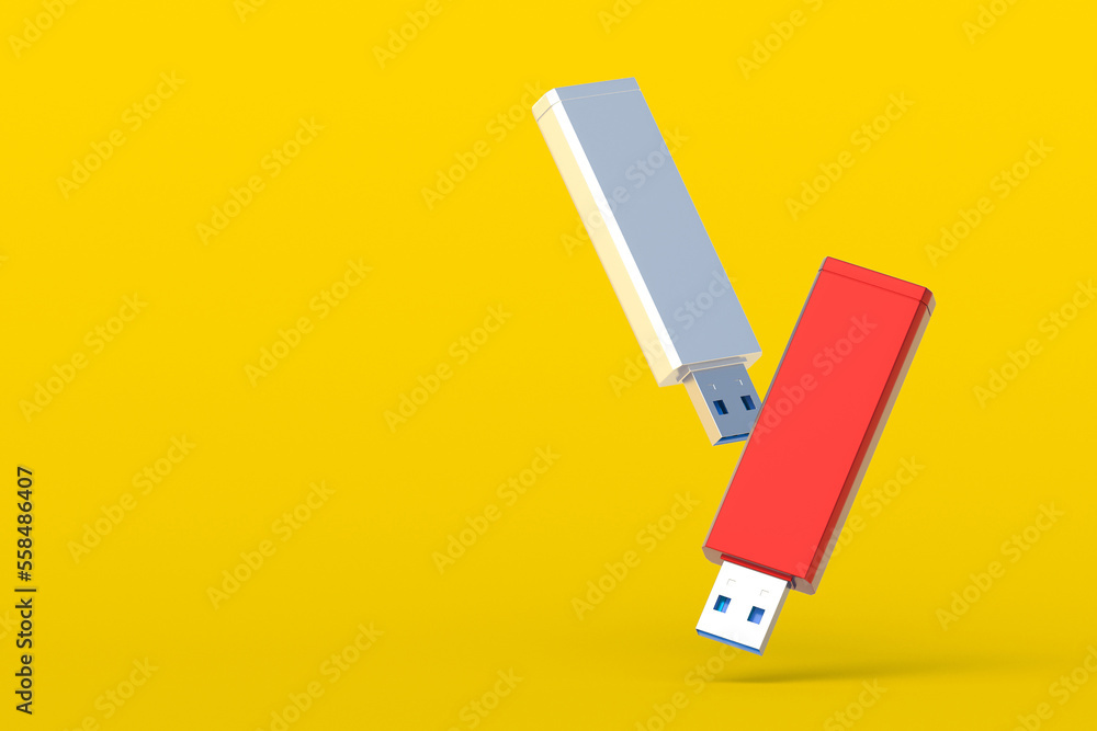 Falling flash drives, usb memory sticks. Electronic access key. Data storage. Copy space. 3d render Falling flash drives, usb memory sticks. Electronic access key. Data storage. Copy space. 3d render