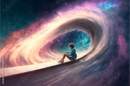 Boy sliding around the universe on a slide. Generative AI