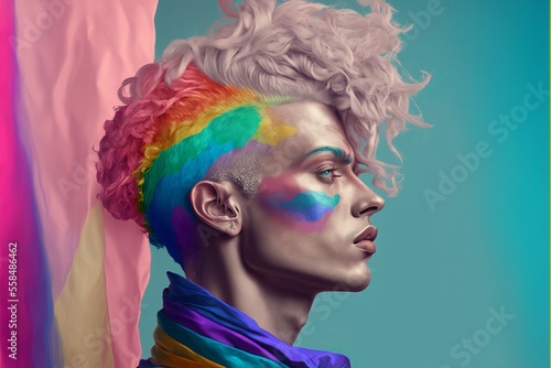 Woman with rainbow colored face and hair. LGBTQ. Generative AI