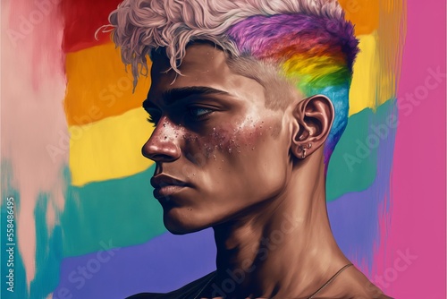 Man with rainbow colored hair. LGBTQ. Generative AI