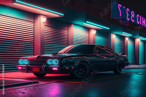 car is parked in front of a gas station, neon lights