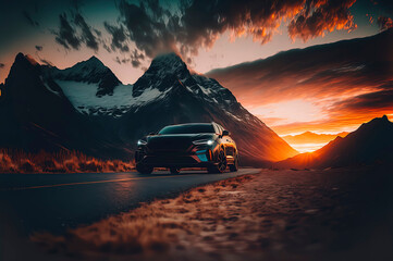 Fototapete Autos car driving on the road towards the sunset, scene with mountains and sunset  © Fernando