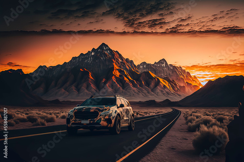 car in the road with sunset and mountains AI-Generated © Fernando